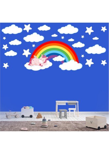 Kt Decoration Gökkuşağıuyuyan Unicornbulutlaryıldızlar Çocuk Odası Sticker