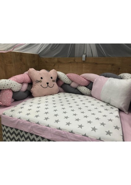 Örgülü Pembe Cibinlikli Bebek Uyku Seti