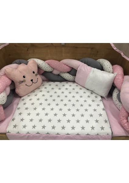 Örgülü Pembe Cibinlikli Bebek Uyku Seti