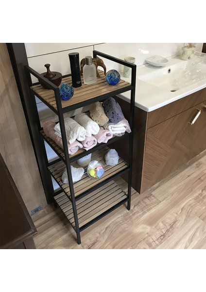 Ahşap Banyo Rafı Dekoratif Dolap 4 Bölmeli Terek Raf