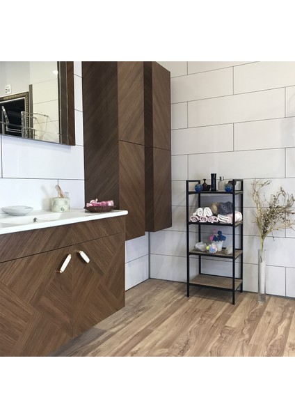 Ahşap Banyo Rafı Dekoratif Dolap 4 Bölmeli Terek Raf