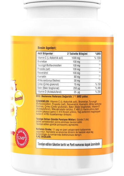 Vitamin C Çinko Propolis 180 Tablet Vitamin D Resveratrol Quercetin Bromelian