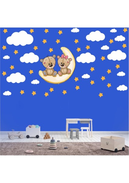 Kt Decoration Sevimli Ikiz Ayıcık Yıldızlar ve Bulutlar Çocuk Odası Sticker