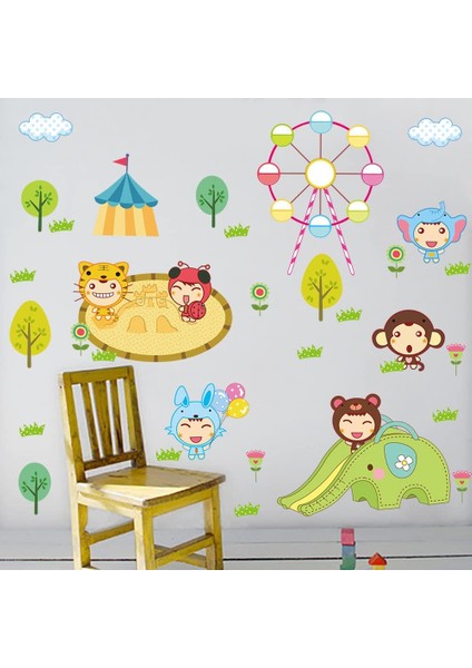 Kt Decoration Sevimli Bebekler Lunapark Anaokulu Yuva Bebek ve Çocuk Odası Dekoru Pvc Duvar Sticker Çıkartma