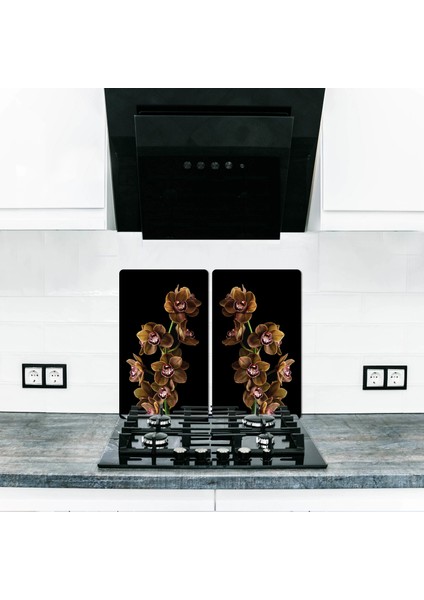 Cam Ocak Koruyucu Kahve Orkide 60 cm x 52 cm 2 Parça 4'lü