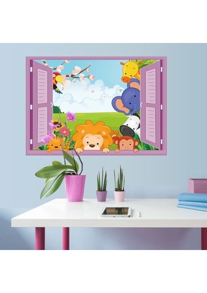 Kt Decoration Pencereden Bakan Sevimli Hayvanlar Bebek Odası Duvar Dekorasyonu