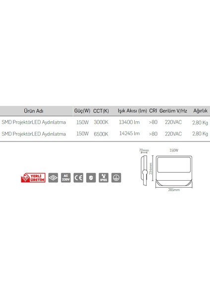 Smd Projektör LED Aydınlatma 150W Beyaz Işık 252615