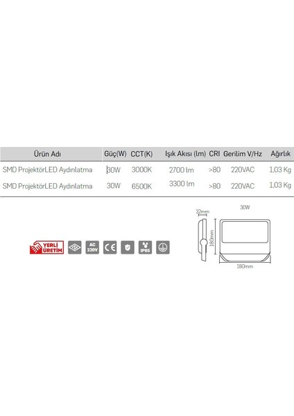 Smd Projektör LED Aydınlatma 30W Beyaz Işık 252603