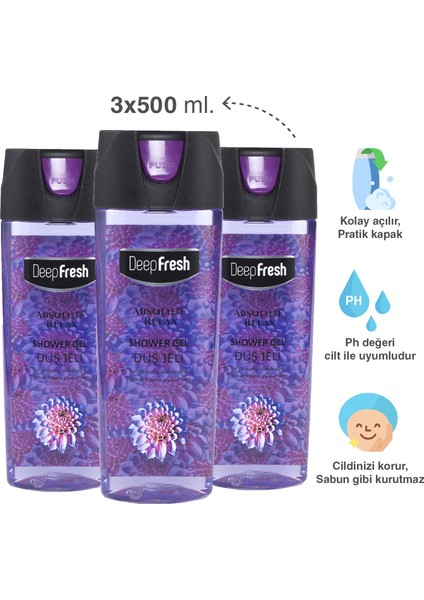 Pratik Kapaklı Duş Jeli Absolute Relax 3 x 500 ml