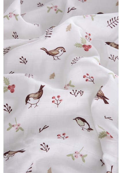 Müslin Bezi Örtü Kuş Desen - Kahve 120 x 120 cm cm + 4 Adet Ağız Mendili