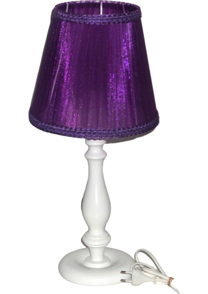 Beyaz Ahşap Ayaklı Mor Başlıklı Abajur