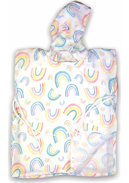 Organik Gökkuşağı Desenli Kapşonlu Müslin Panço