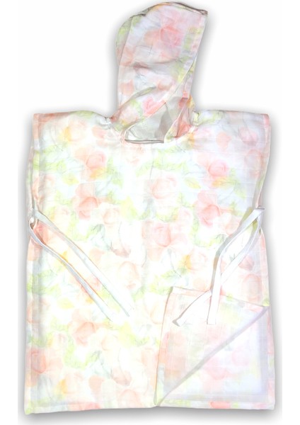 Organik Sulu Boya Çiçek Desenli Kapşonlu Müslin Panço