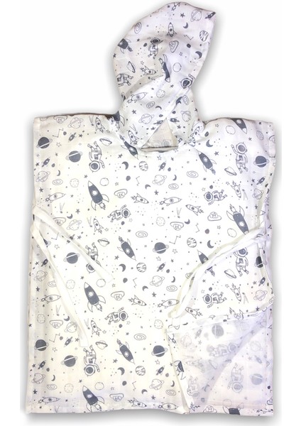 Organik Uzay Desenli Kapşonlu Müslin Panço