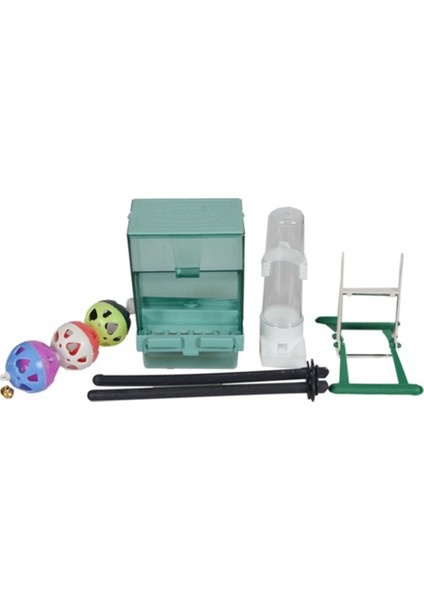 Muhabbet Kuşu Akıllı Yemlik Üçlü Top Suluk Aynalı Salıncak Tünek Seti