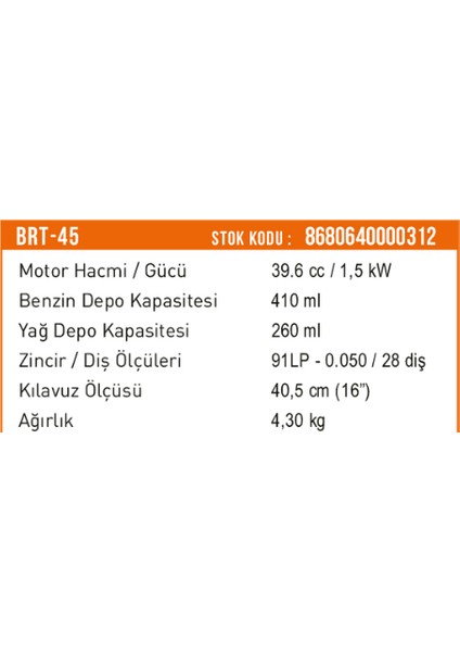 Brt-45 Benzinli Ağaç Kesme Motoru