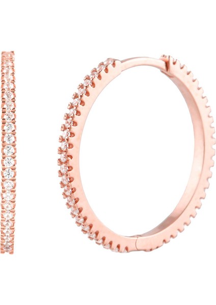 Taşlı Rose Gold Halka Gümüş Kadın Küpe