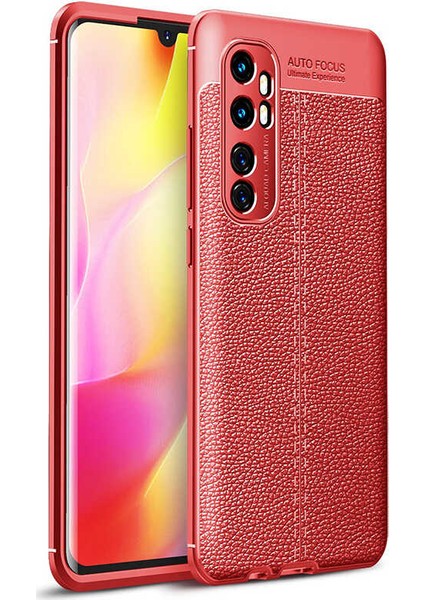 Xiaomi Mi Note 10 Lite Kılıf Rugan Armor Deri Görünümlü Yüksek Kalite Silikon Niss Kırmızı