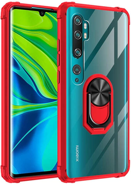 Case 4U Xiaomi Mi Note 10 Lite Kılıf Armor Serisi Manyetik Yüzüklü Renkli Köşe Korumalı Şeffaf Silikon Mola Kırmızı