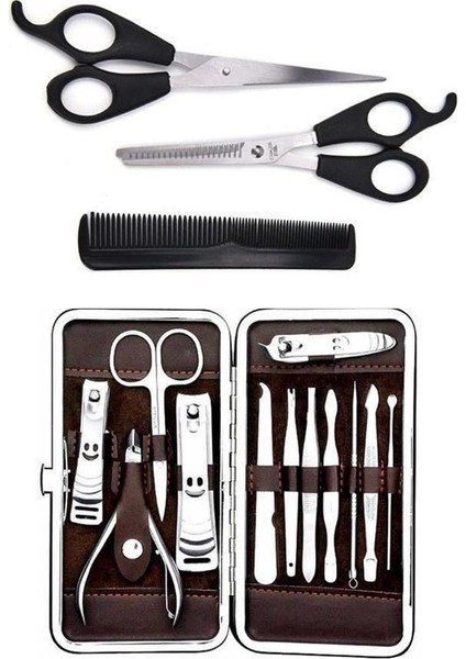 Manikür Pedikür Seti 12 Parça Çelik Tırnak Bakım + Saç Makası Seti