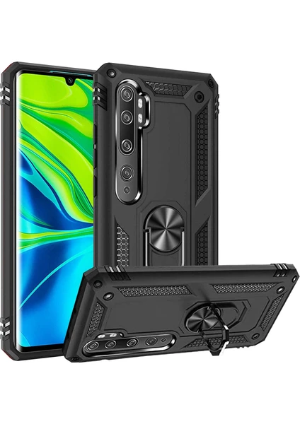 Case 4U Xiaomi Mi Note 10 Lite Kılıf Çift Katmanlı Yüzüklü Manyetik Vega Kapak Siyah