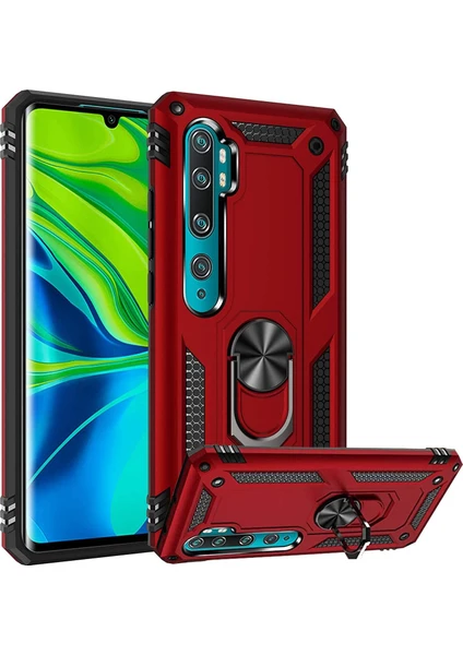 Case 4U Xiaomi Mi Note 10 Lite Kılıf Çift Katmanlı Yüzüklü Manyetik Vega Kapak Kırmızı