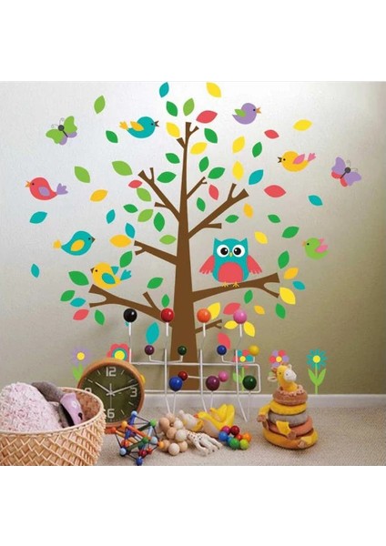 Cosy Home Gift Bebek Çocuk Odası Renkli Ağaç Kuşlar Kelebek Çiçekler Görsel Sticker Pvc Duvar Süsü