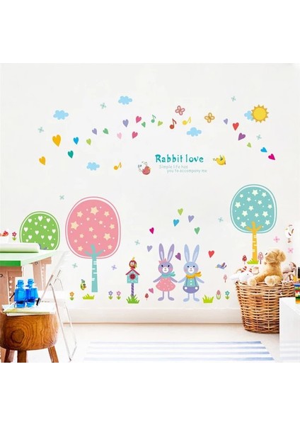 Bebek Çocuk Rabbit Love Tavşan Ailesi Kalp Sticker Pvc Duvar Süsü