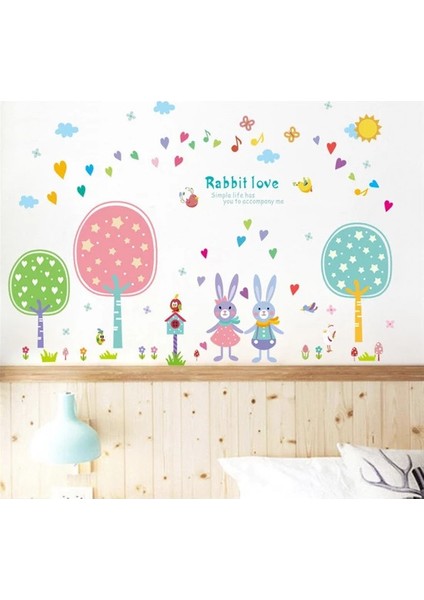 Bebek Çocuk Rabbit Love Tavşan Ailesi Kalp Sticker Pvc Duvar Süsü fiyatları