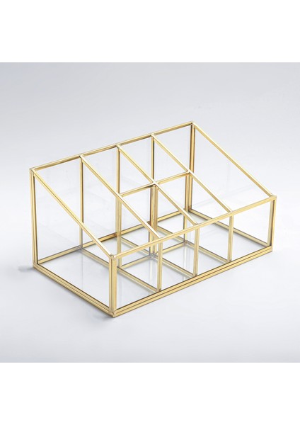 Gold Pirinç Brass 6 Bölmeli Cam Makyaj Kutusu Organizer Kalemlik 25x15x12/7 Cm