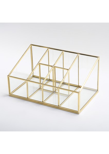 Gold Pirinç Brass 6 Bölmeli Cam Makyaj Kutusu Organizer Kalemlik 25x15x12/7 Cm fiyatları