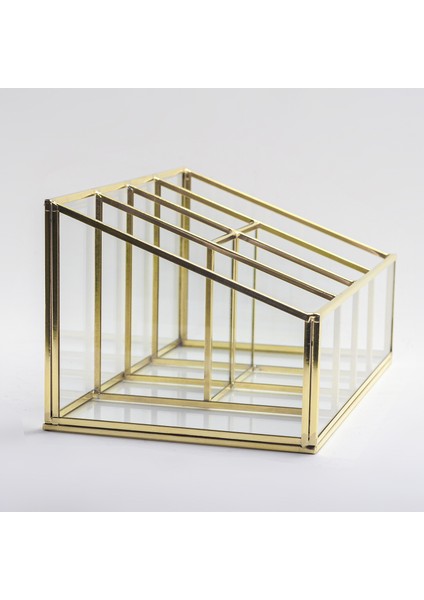 Gold Pirinç Brass 6 Bölmeli Cam Makyaj Kutusu Organizer Kalemlik 25x15x12/7 Cm modelleri