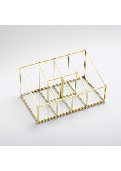 Gold Pirinç Brass 6 Bölmeli Cam Makyaj Kutusu Organizer Kalemlik 25x15x12/7 Cm fırsatları