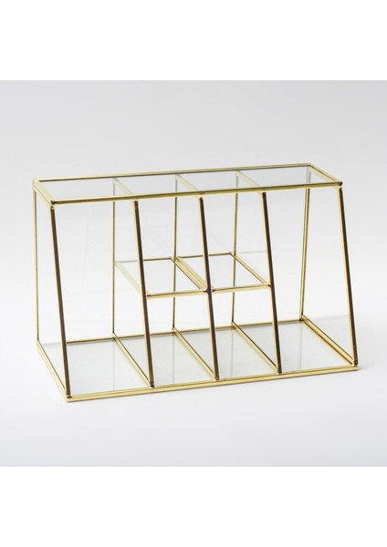 Gold Pirinç Brass 6 Bölmeli Cam Makyaj Kutusu Organizer Kalemlik 25x15x12/7 Cm indirimleri