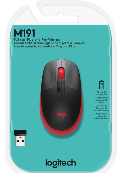 M191 Büyük Boy USB Alıcılı 1.000 DPI Kablosuz Mouse - Kırmızı