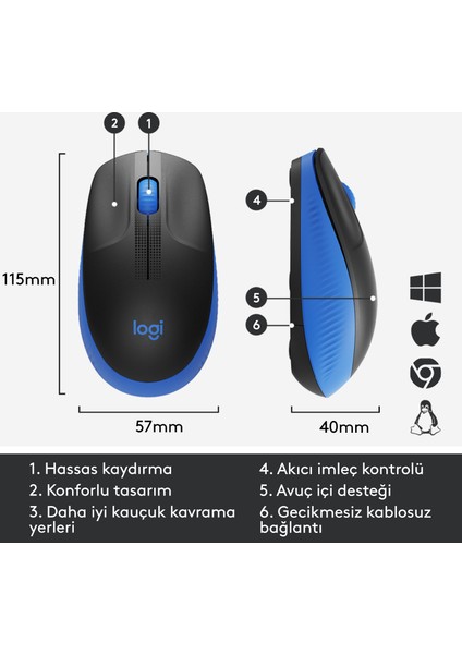 M191 Büyük Boy USB Alıcılı 1.000 DPI Kablosuz Mouse - Mavi indirimleri