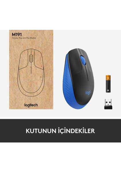 M191 Büyük Boy USB Alıcılı 1.000 DPI Kablosuz Mouse - Mavi