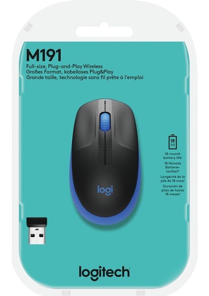 M191 Büyük Boy USB Alıcılı 1.000 DPI Kablosuz Mouse - Mavi