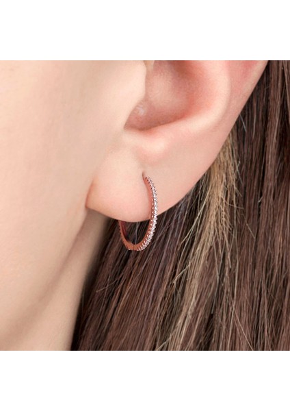 Taşlı Rose Gold Halka Gümüş Kadın Küpe