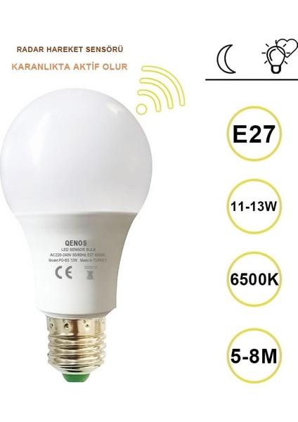 QENOS RADAR SENSÖRLÜ LED AMPUL - 12 WATT E 27 BEYAZ