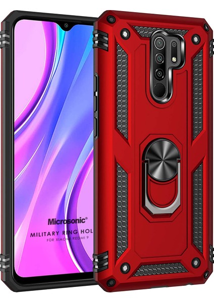 Xiaomi Redmi 9 Kılıf Military Ring Holder Kırmızı