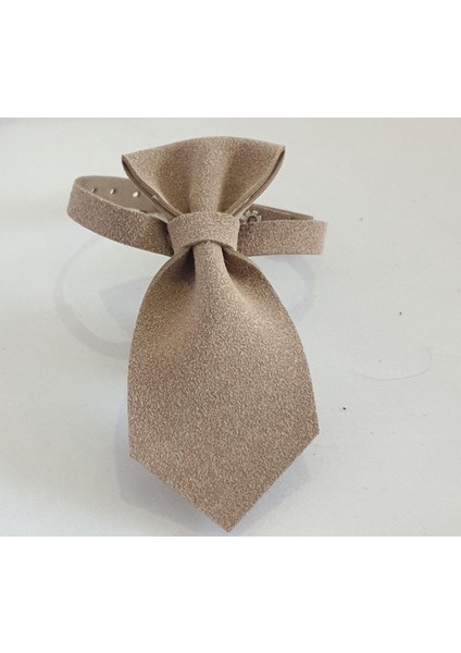 Bej Özel Deriden Kravat Model 1 cm Metal Tokalı Kedi Tasması