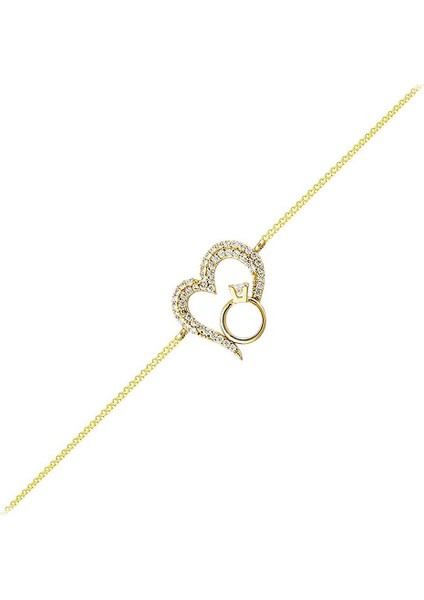 Kalp'li Tektaş Altın Zincir Bileklik 14K Gold