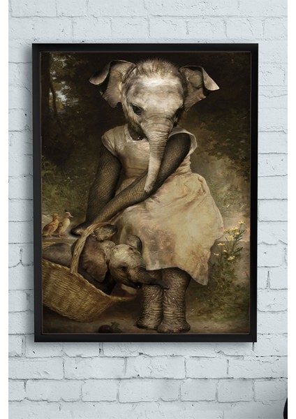 Anne Fil ve Yavrusu Sanatsal Çerçeveli Tablo 21 x 30 cm
