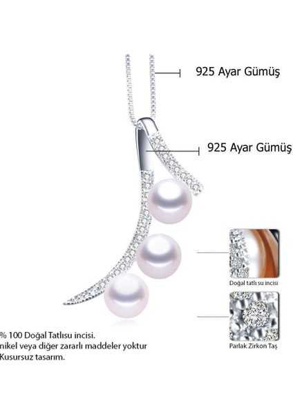 Zarif Tasarım 3 Adet Tatlı Su Incisi Kadın Gümüş Kolye
