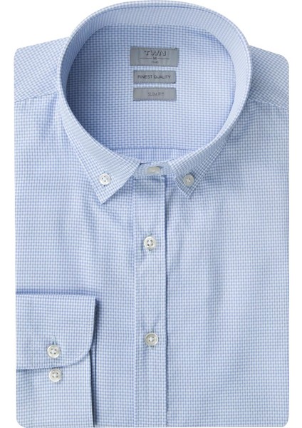 Slim Fit Mavi Armürlü Gömlek 4EF02XT04259D