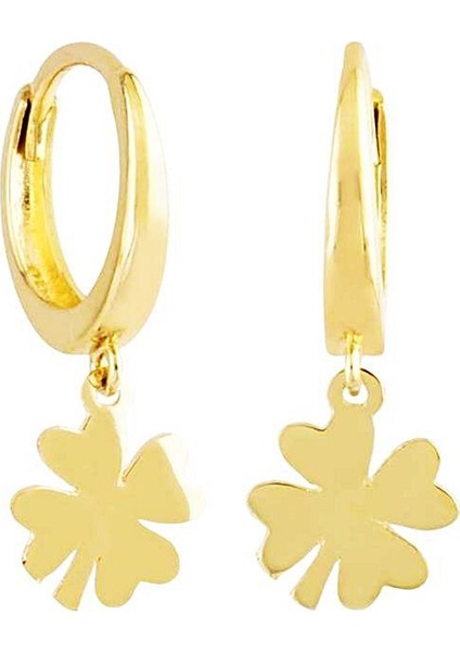 Yonca Altın Sallantılı Küpe 14K Gold Kalp'li