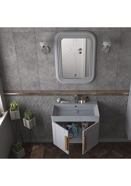 Pio 70 cm Matt Anthracite Banyo Dolabı Mat Antrasit Ahşap Kulplu