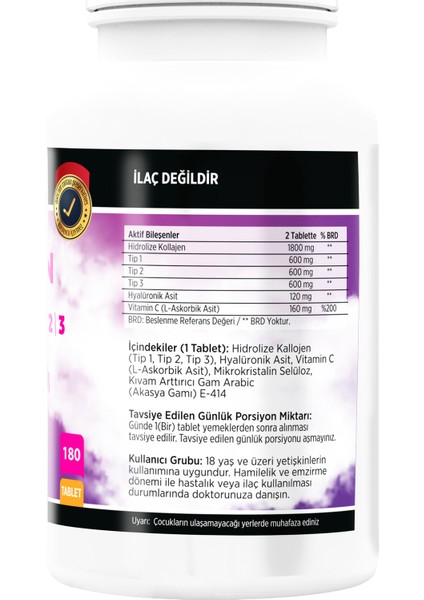 Collagen Tip-1-2-3 Hyoluronic Asit Vitamin C 180 Tablet