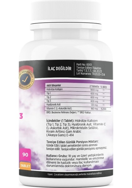Collagen Tip-1 Tip-2 Tip-3 Tip 1-2-3 Hyoluronic Asit Vitamin C 90 Tablet